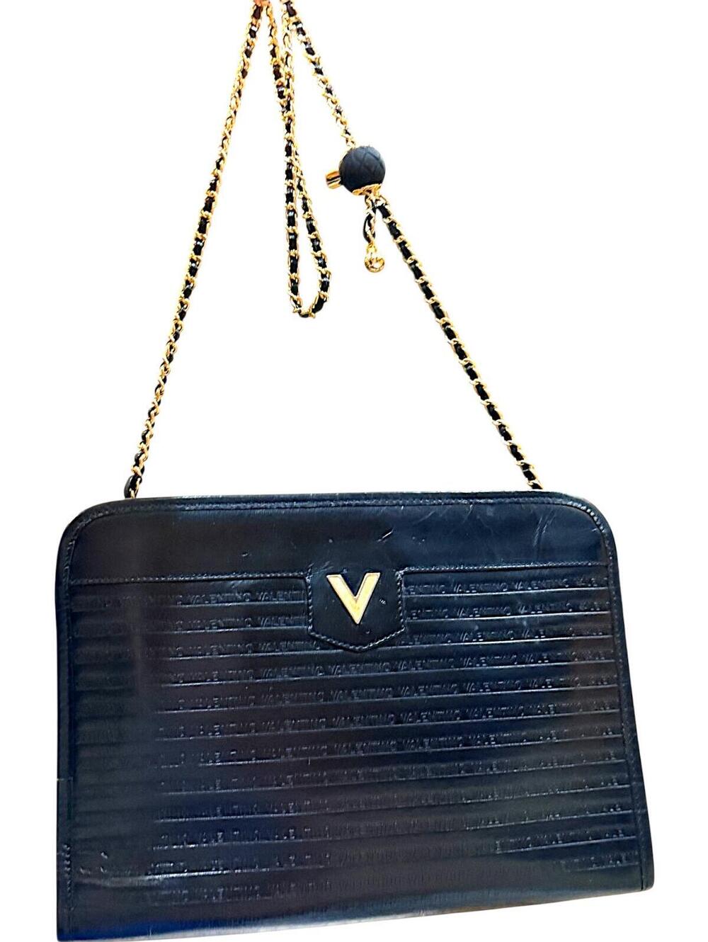 Mario Valentino Black Leather Crossbody Bag Vintage V Logo Chain Purse
